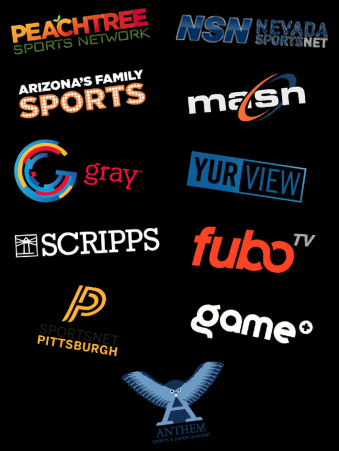 SportsWrap distribution partner logos including Peachtree Sports Network, Arizona's Family Sports, MASN, Gray, YurView, Scripps, Fubo TV, SportsNet Pittsburgh, Game Plus, Nevada Sports Net, and Anthem Sports and Entertainment